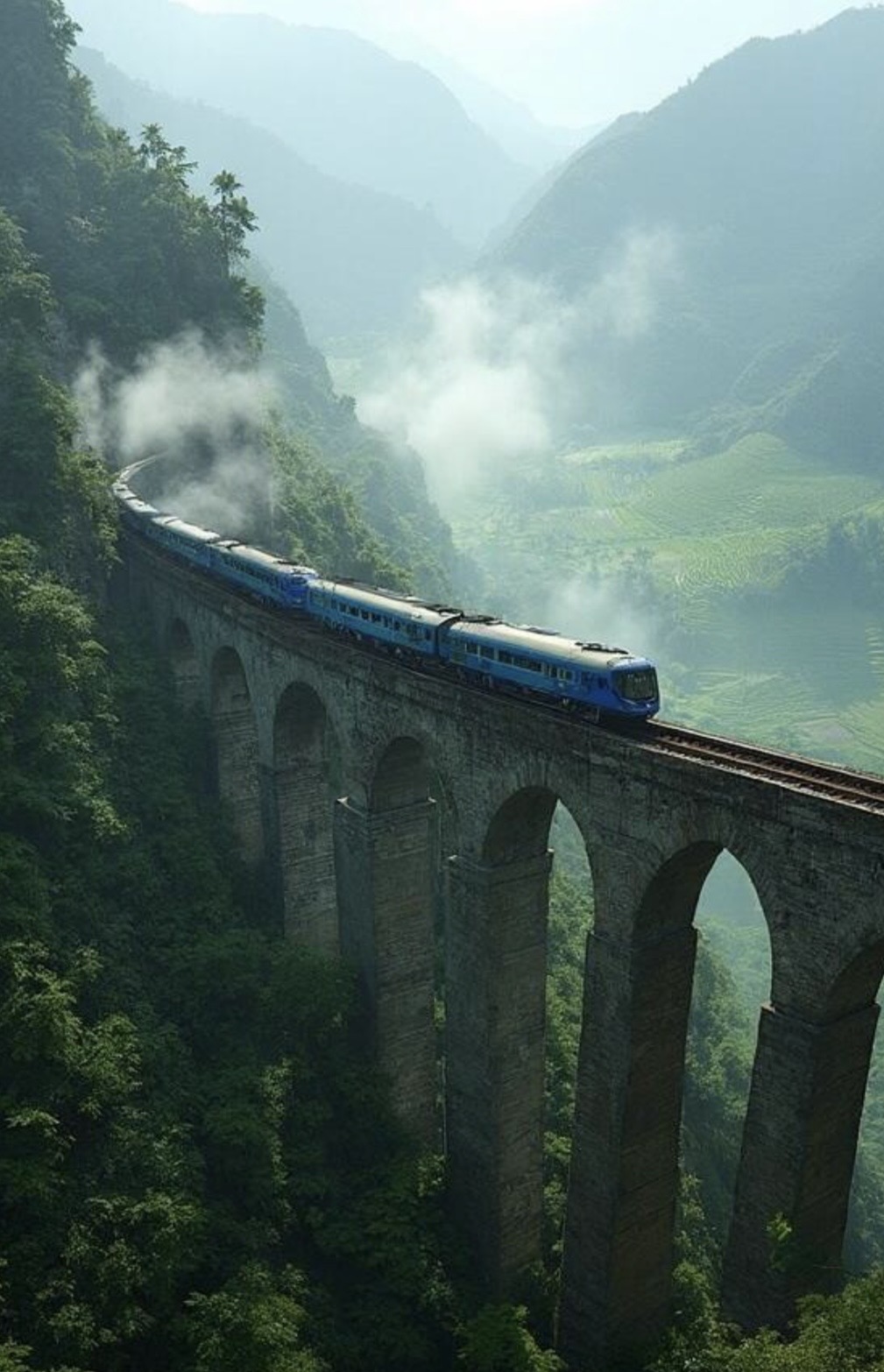 Tren entre montañas y bruma